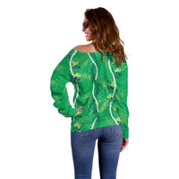Hawaii Maile Lei Off Shoulder Sweater With Green Monstera Pattern LT05 - Polynesian Pride
