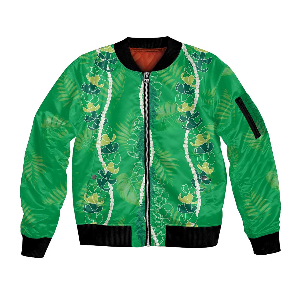 Hawaii Maile Lei Sleeve Zip Bomber Jacket With Green Monstera Pattern LT05 Unisex Green - Polynesian Pride