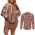 Hawaii Maile Lei Couples Matching Off Shoulder Short Dress and Long Sleeve Button Shirt With Brown Monstera Pattern