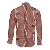 Hawaii Maile Lei Long Sleeve Button Shirt With Brown Monstera Pattern LT05 - Polynesian Pride