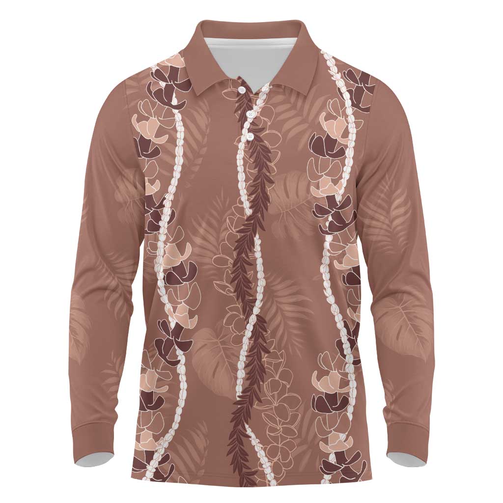 Hawaii Maile Lei Long Sleeve Polo Shirt With Brown Monstera Pattern LT05 Brown - Polynesian Pride