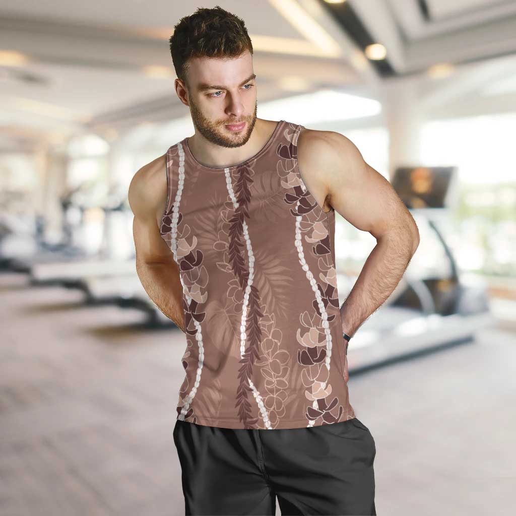 Hawaii Maile Lei Men Tank Top With Brown Monstera Pattern LT05 Brown - Polynesian Pride