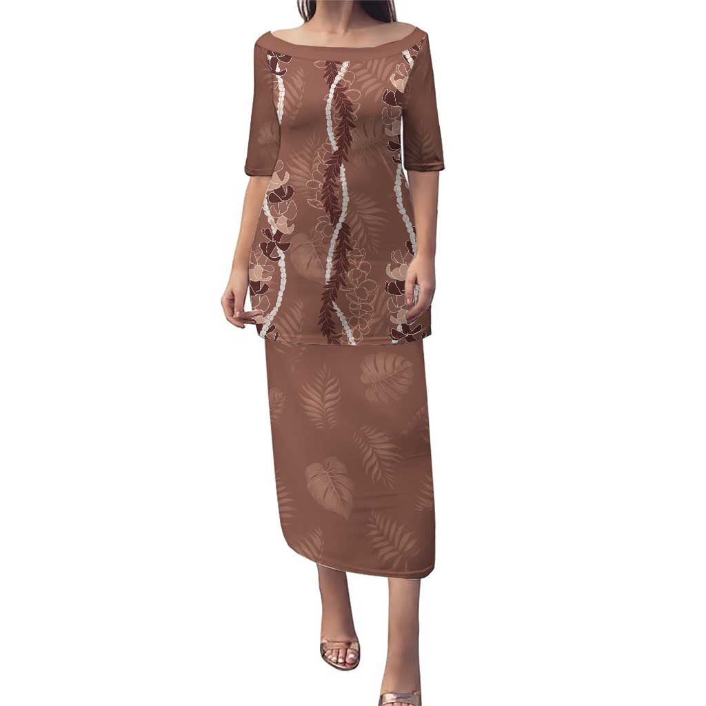 Hawaii Maile Lei Puletasi With Brown Monstera Pattern LT05 Long Dress Brown - Polynesian Pride