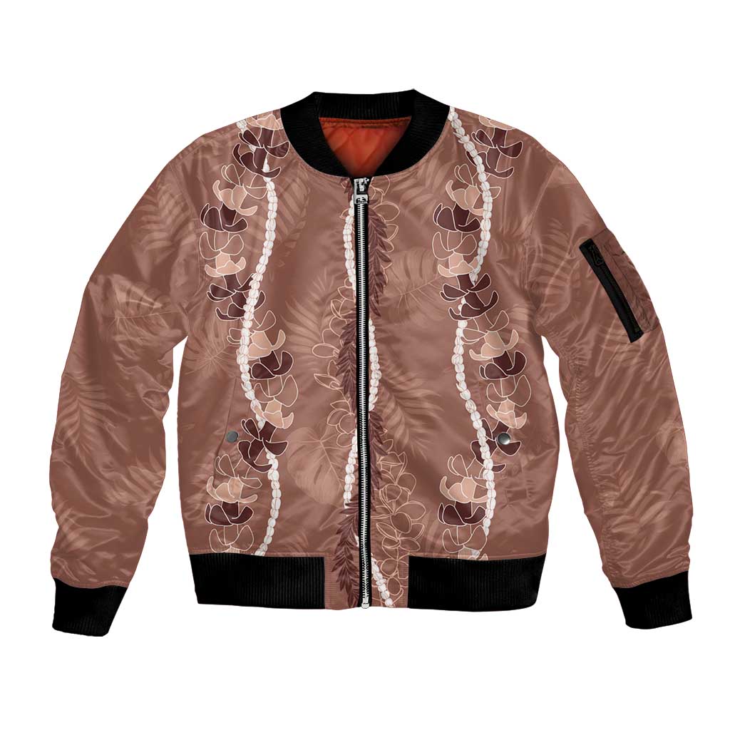 Hawaii Maile Lei Sleeve Zip Bomber Jacket With Brown Monstera Pattern LT05 Unisex Brown - Polynesian Pride