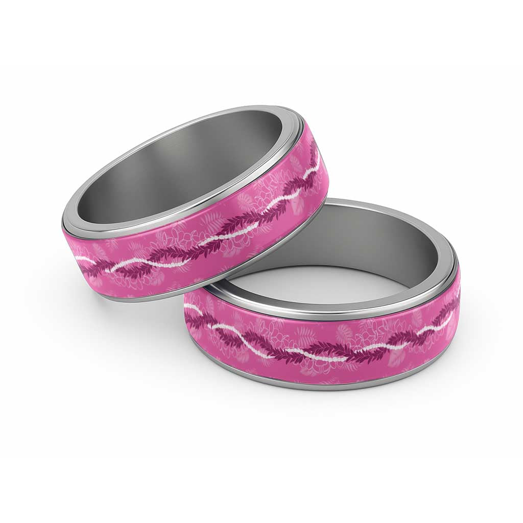 Hawaii Maile Lei Classic Ring With Pink Monstera Pattern LT05 Sliver Pink - Polynesian Pride