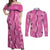 Hawaii Maile Lei Couples Matching Off Shoulder Maxi Dress and Long Sleeve Button Shirt With Pink Monstera Pattern