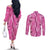 Hawaii Maile Lei Couples Matching Off The Shoulder Long Sleeve Dress and Long Sleeve Button Shirt With Pink Monstera Pattern