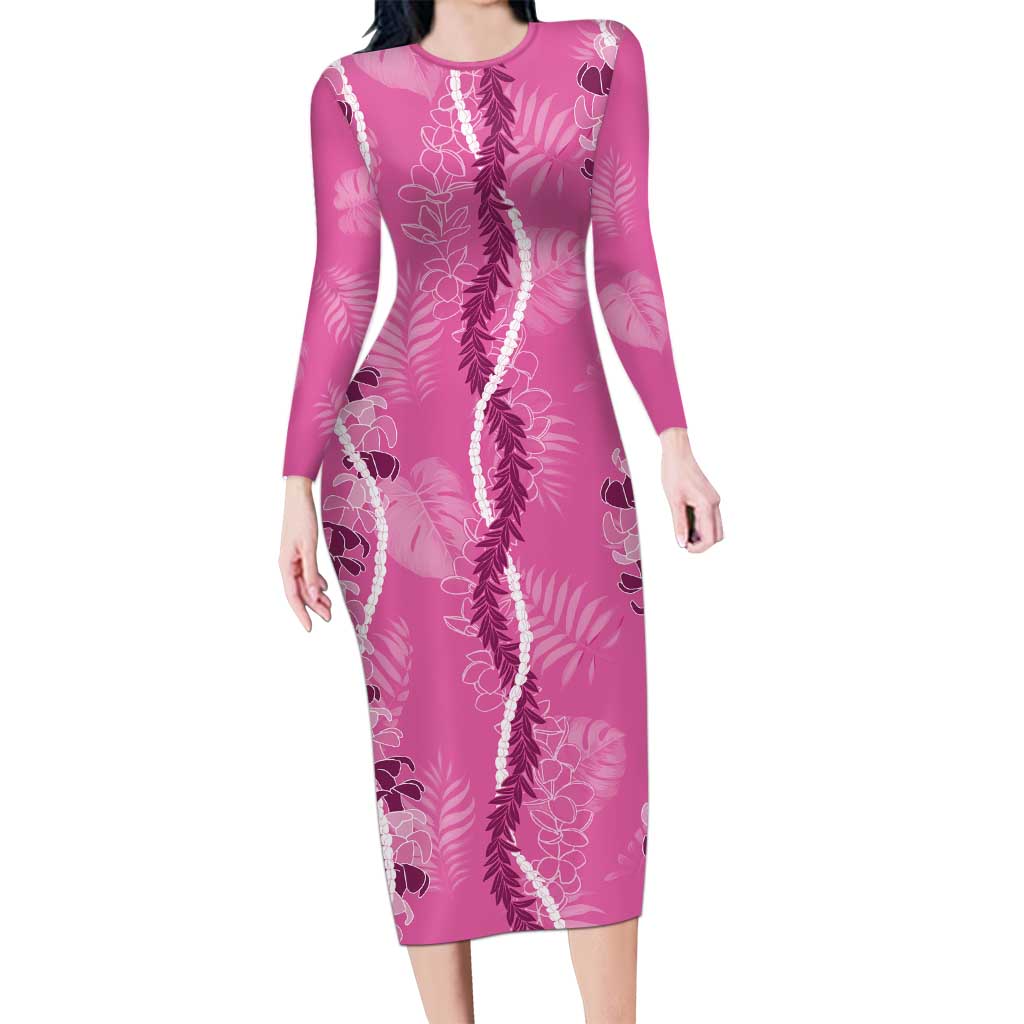 Hawaii Maile Lei Long Sleeve Bodycon Dress With Pink Monstera Pattern LT05 Long Dress Pink - Polynesian Pride