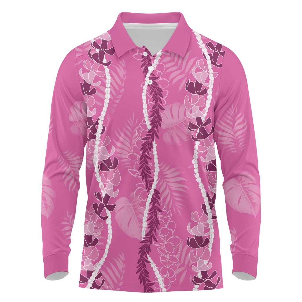 Hawaii Maile Lei Long Sleeve Polo Shirt With Pink Monstera Pattern LT05 Pink - Polynesian Pride