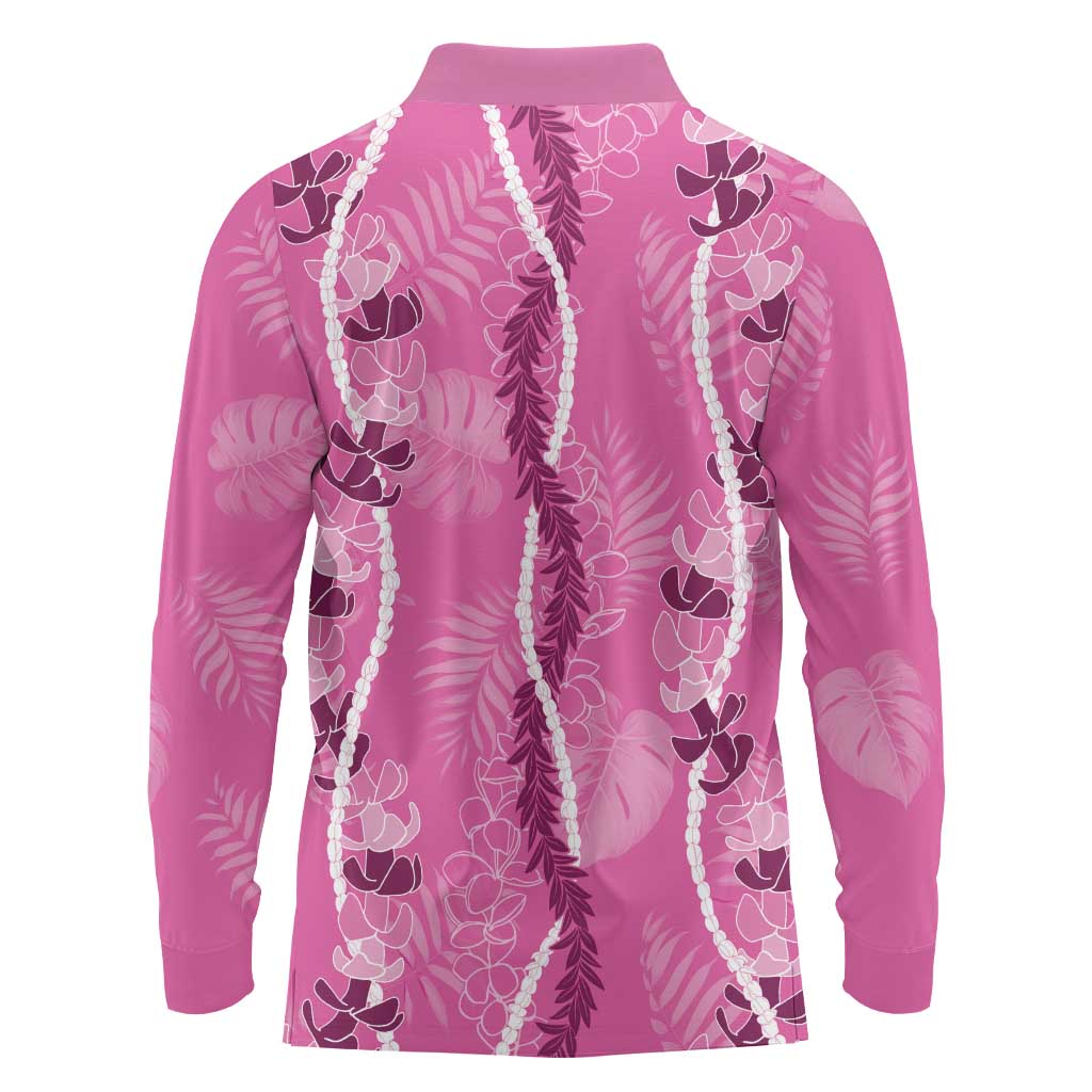 Hawaii Maile Lei Long Sleeve Polo Shirt With Pink Monstera Pattern LT05 - Polynesian Pride