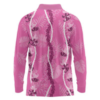 Hawaii Maile Lei Long Sleeve Polo Shirt With Pink Monstera Pattern LT05 - Polynesian Pride