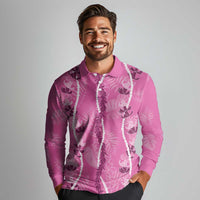 Hawaii Maile Lei Long Sleeve Polo Shirt With Pink Monstera Pattern LT05 - Polynesian Pride