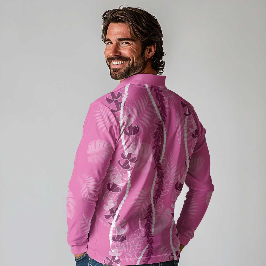Hawaii Maile Lei Long Sleeve Polo Shirt With Pink Monstera Pattern LT05 - Polynesian Pride