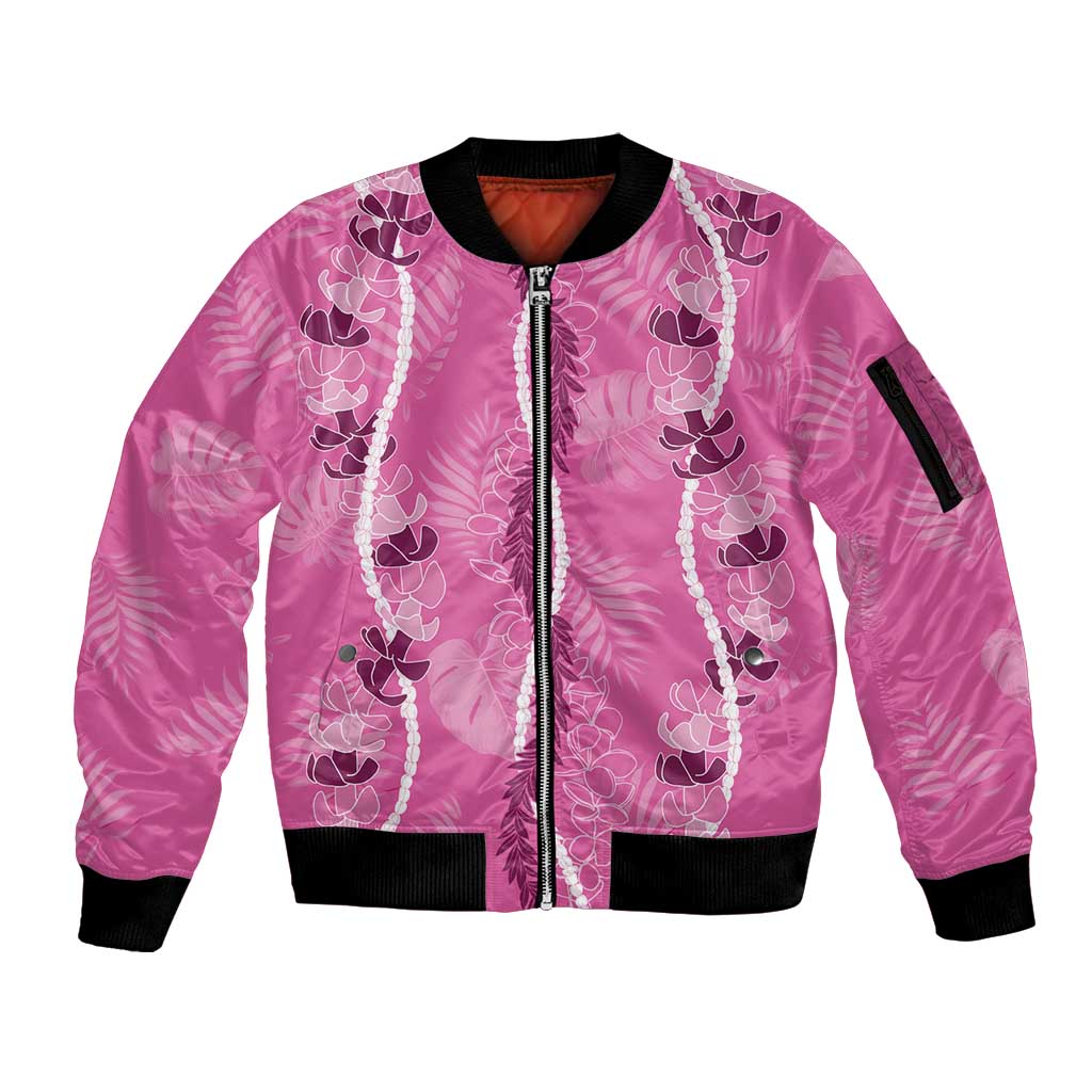 Hawaii Maile Lei Sleeve Zip Bomber Jacket With Pink Monstera Pattern LT05 Unisex Pink - Polynesian Pride