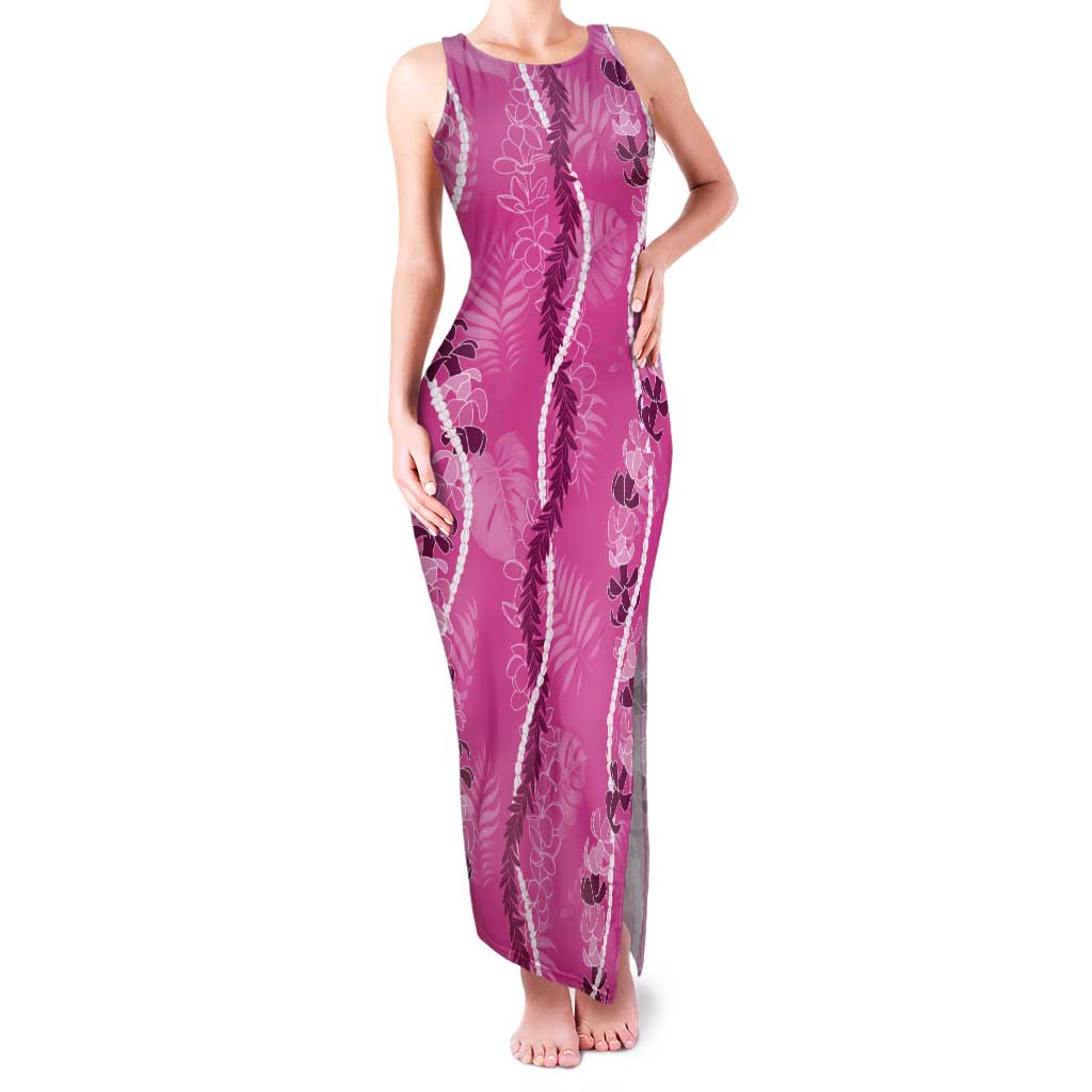 Hawaii Maile Lei Tank Maxi Dress With Pink Monstera Pattern