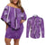 Hawaii Maile Lei Couples Matching Off Shoulder Short Dress and Long Sleeve Button Shirt With Violet Monstera Pattern