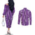 Hawaii Maile Lei Couples Matching Off The Shoulder Long Sleeve Dress and Long Sleeve Button Shirt With Violet Monstera Pattern