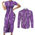 Hawaii Maile Lei Couples Matching Short Sleeve Bodycon Dress and Long Sleeve Button Shirt With Violet Monstera Pattern