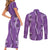 Hawaii Maile Lei Couples Matching Short Sleeve Bodycon Dress and Long Sleeve Button Shirt With Violet Monstera Pattern