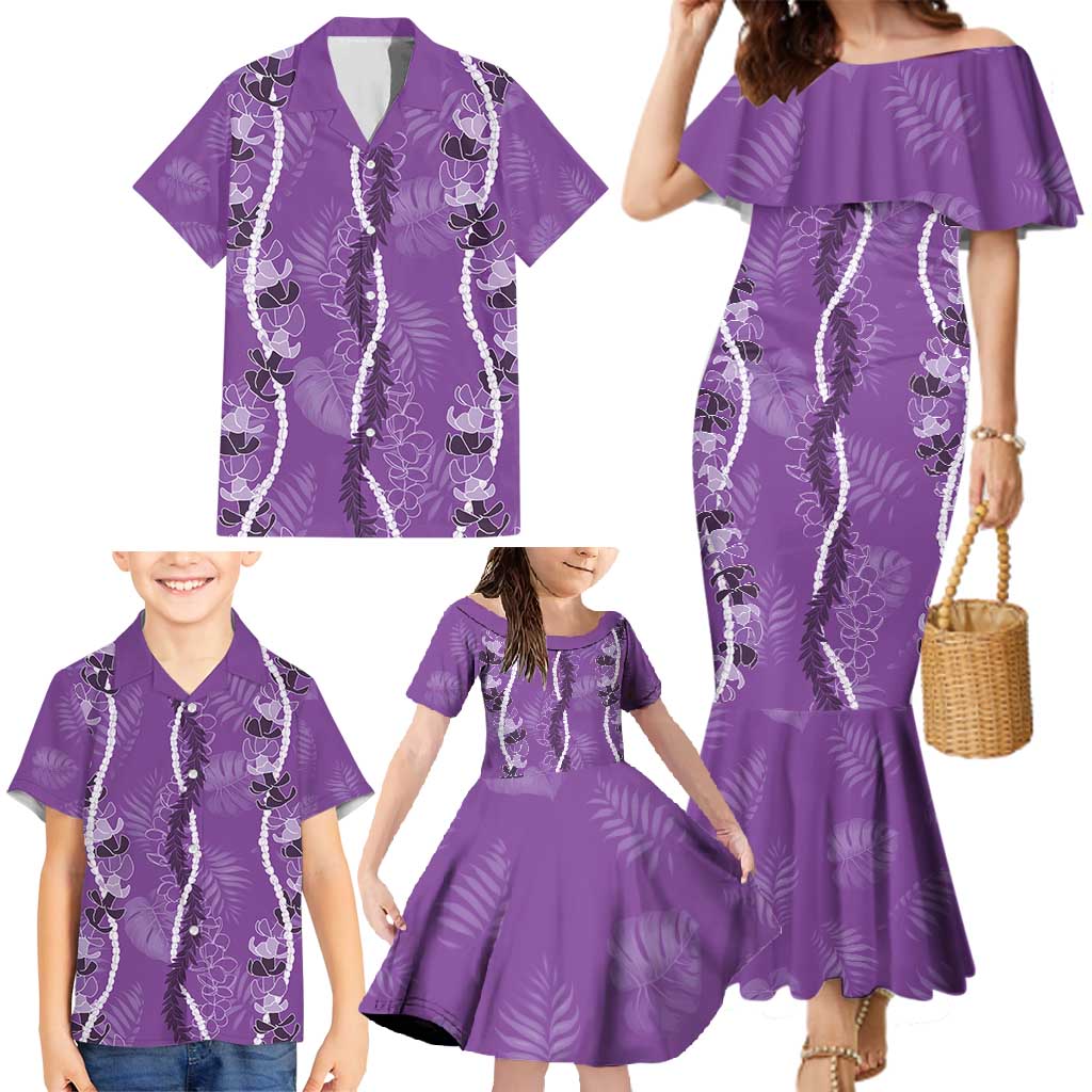 Hawaii Maile Lei Family Matching Mermaid Dress and Hawaiian Shirt With Violet Monstera Pattern