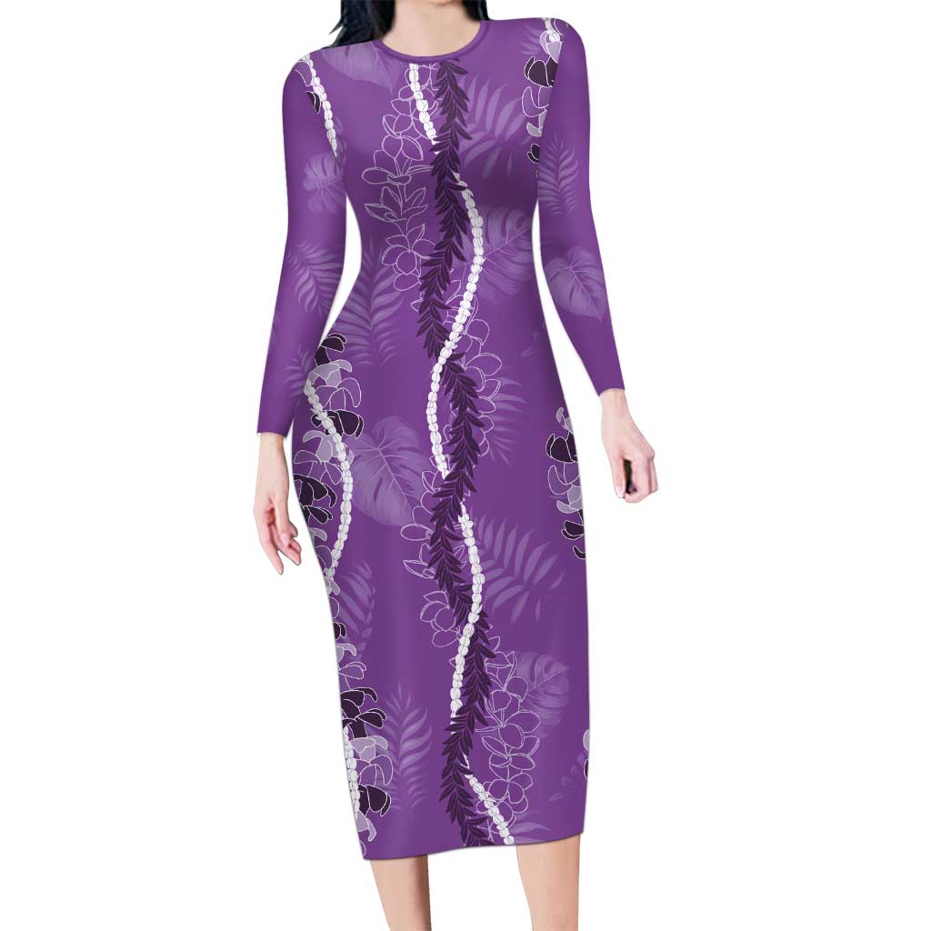 Hawaii Maile Lei Long Sleeve Bodycon Dress With Violet Monstera Pattern LT05 Long Dress Violet - Polynesian Pride