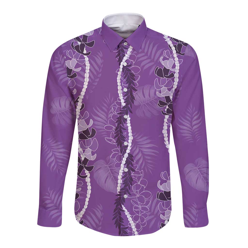 Hawaii Maile Lei Long Sleeve Button Shirt With Violet Monstera Pattern LT05 Unisex Violet - Polynesian Pride