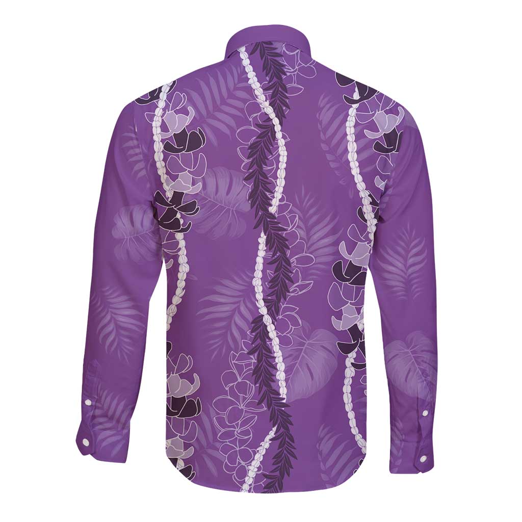 Hawaii Maile Lei Long Sleeve Button Shirt With Violet Monstera Pattern LT05 - Polynesian Pride