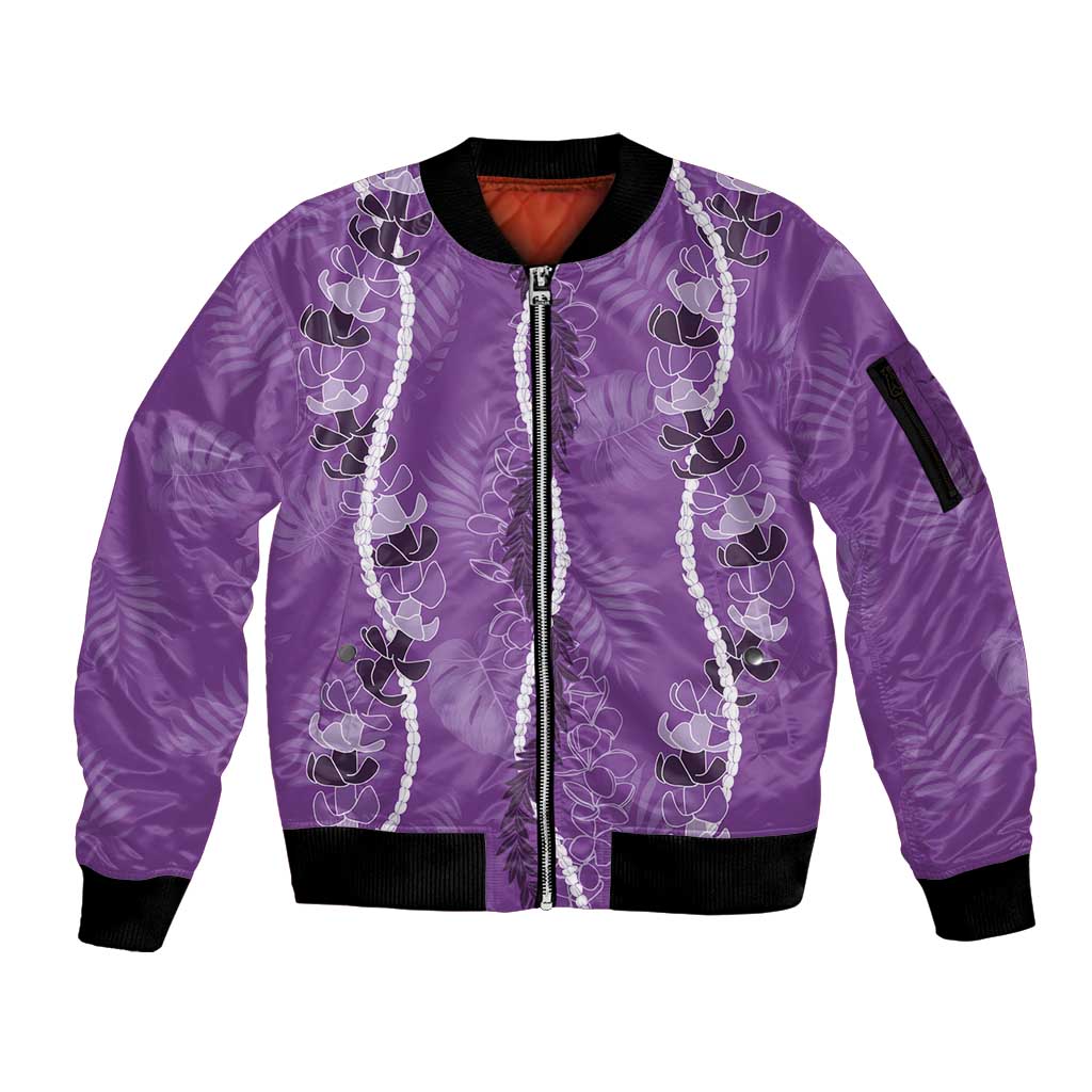 Hawaii Maile Lei Sleeve Zip Bomber Jacket With Violet Monstera Pattern LT05 Unisex Violet - Polynesian Pride