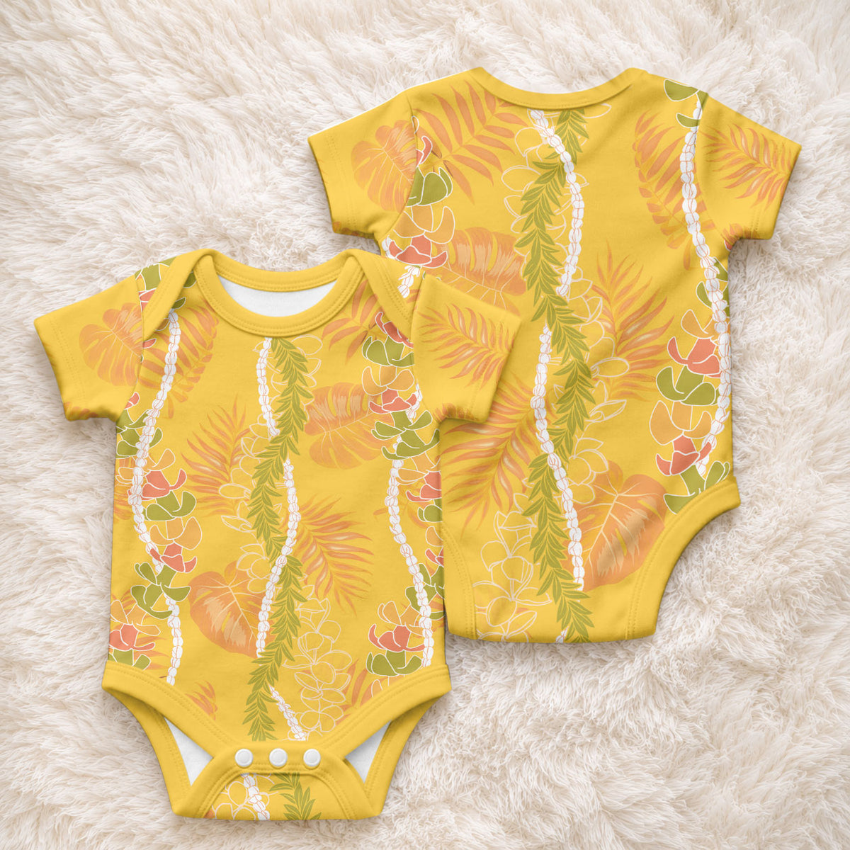 Hawaii Maile Lei Baby Onesie With Yellow Monstera Pattern LT05 - Polynesian Pride