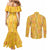 Hawaii Maile Lei Couples Matching Mermaid Dress and Long Sleeve Button Shirt With Yellow Monstera Pattern