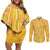 Hawaii Maile Lei Couples Matching Off Shoulder Short Dress and Long Sleeve Button Shirt With Yellow Monstera Pattern