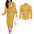 Hawaii Maile Lei Couples Matching Off The Shoulder Long Sleeve Dress and Long Sleeve Button Shirt With Yellow Monstera Pattern