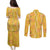 Hawaii Maile Lei Couples Matching Puletasi and Long Sleeve Button Shirt With Yellow Monstera Pattern