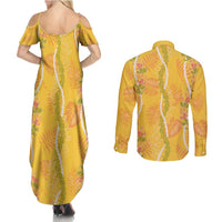 Hawaii Maile Lei Couples Matching Summer Maxi Dress and Long Sleeve Button Shirt With Yellow Monstera Pattern LT05 - Polynesian Pride