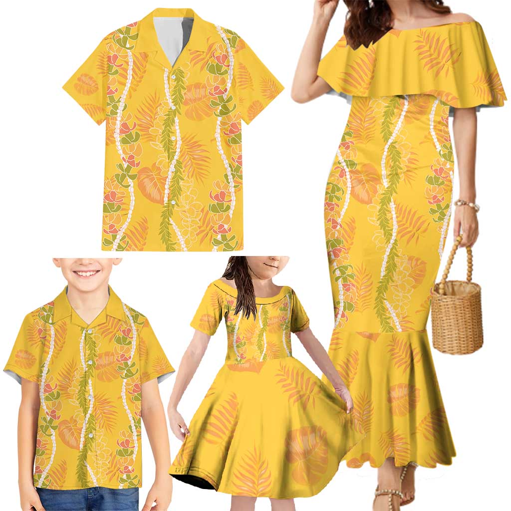 Hawaii Maile Lei Family Matching Mermaid Dress and Hawaiian Shirt With Yellow Monstera Pattern