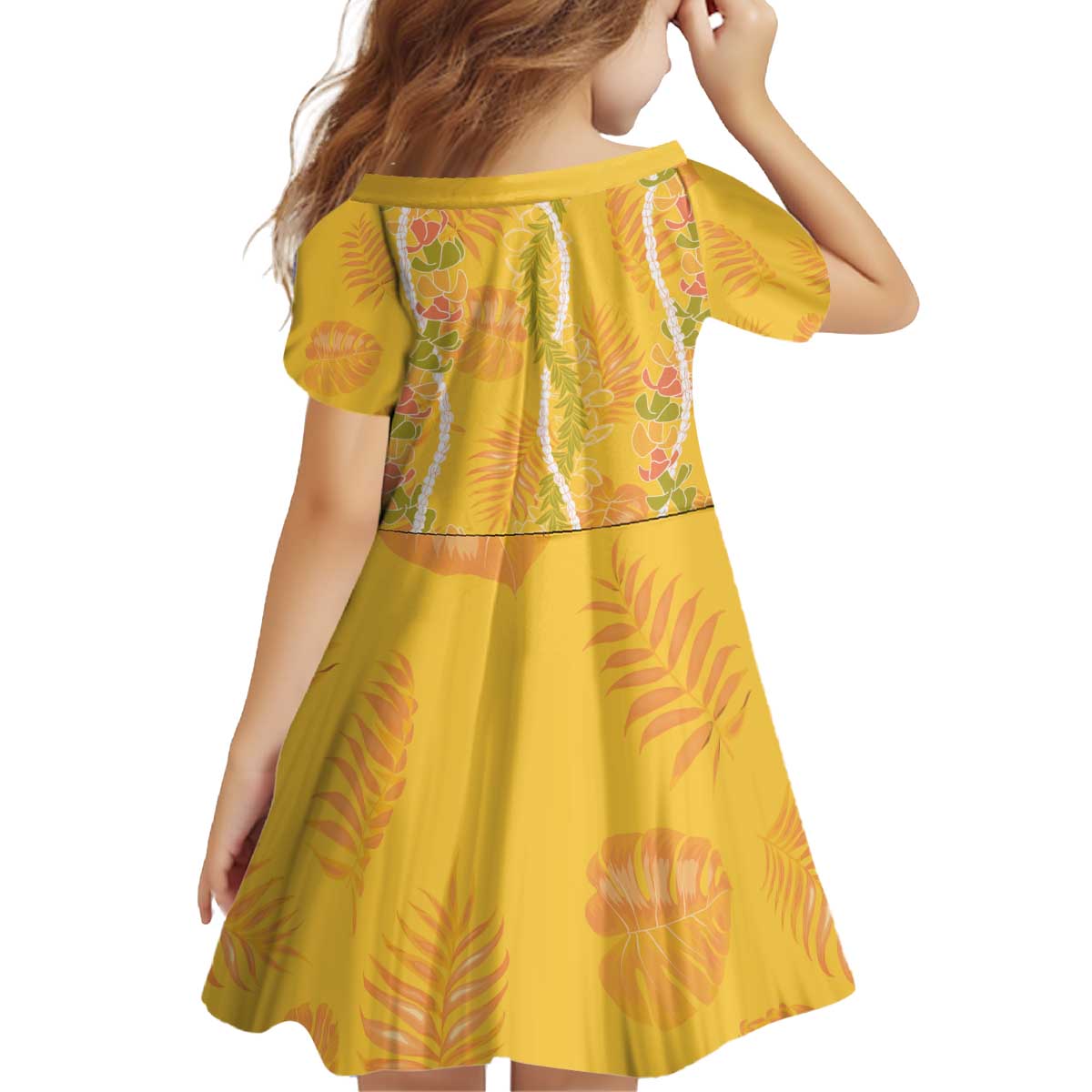 Hawaii Maile Lei Kid Short Sleeve Dress With Yellow Monstera Pattern LT05 - Polynesian Pride