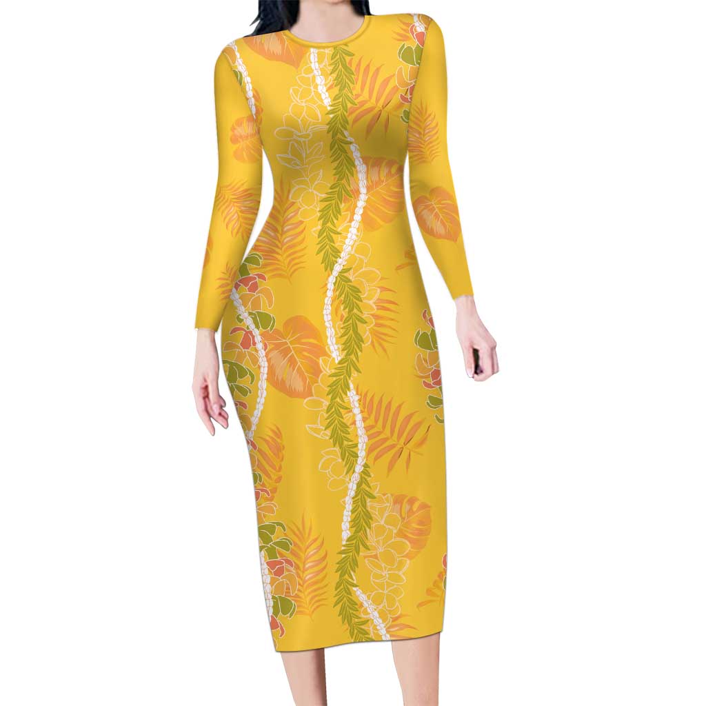 Hawaii Maile Lei Long Sleeve Bodycon Dress With Yellow Monstera Pattern LT05 Long Dress Yellow - Polynesian Pride