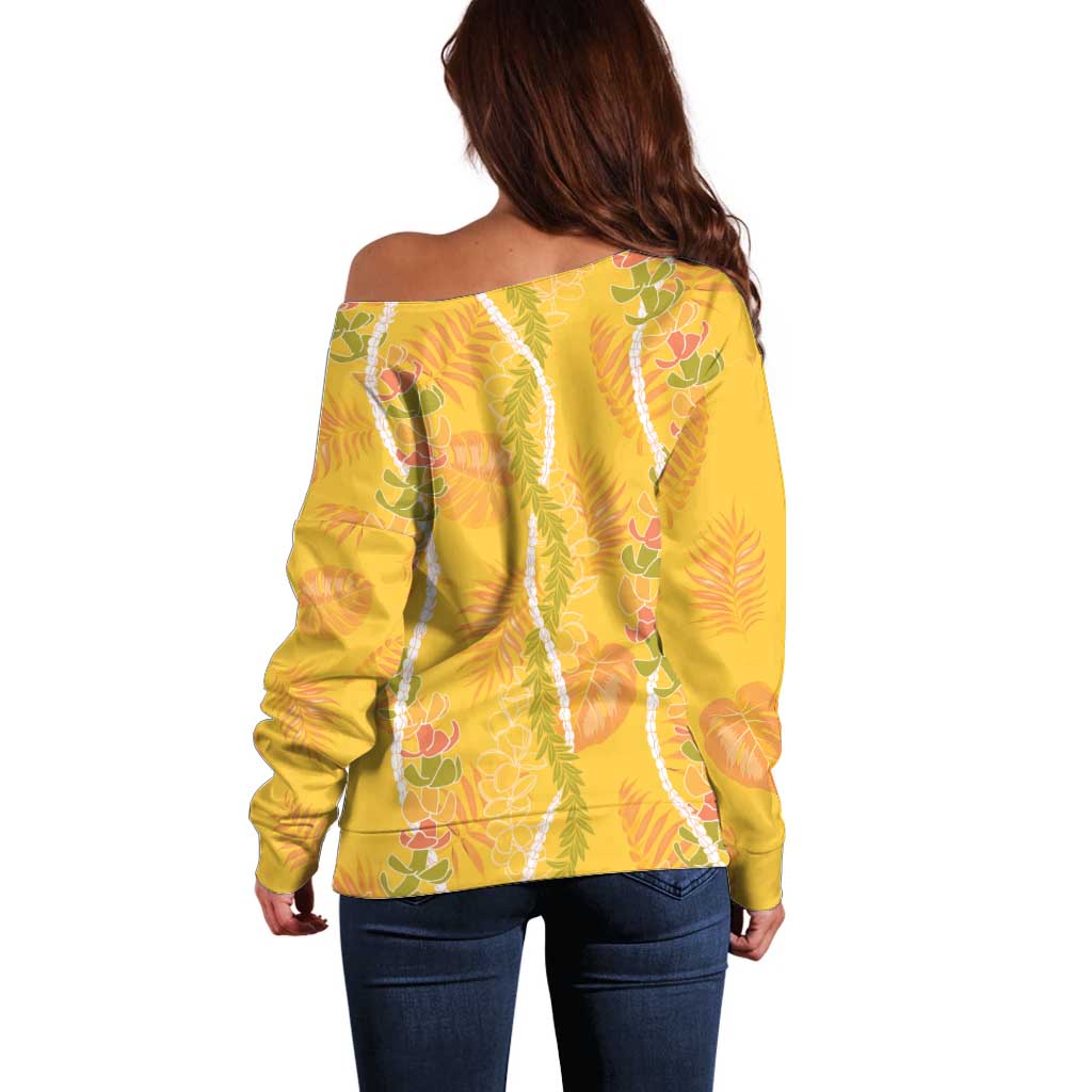 Hawaii Maile Lei Off Shoulder Sweater With Yellow Monstera Pattern LT05 - Polynesian Pride