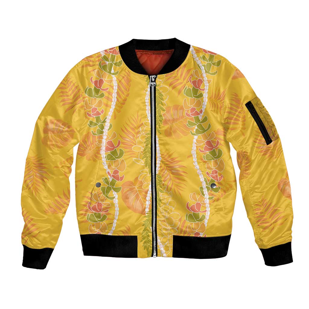 Hawaii Maile Lei Sleeve Zip Bomber Jacket With Yellow Monstera Pattern LT05 Unisex Yellow - Polynesian Pride