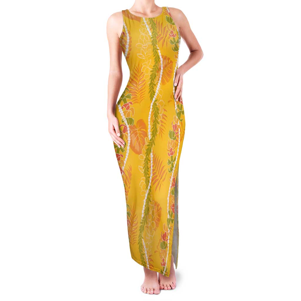 Hawaii Maile Lei Tank Maxi Dress With Yellow Monstera Pattern