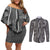 Hawaii Maile Lei Couples Matching Off Shoulder Short Dress and Long Sleeve Button Shirt With Gray Monstera Pattern