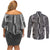 Hawaii Maile Lei Couples Matching Off Shoulder Short Dress and Long Sleeve Button Shirt With Gray Monstera Pattern