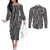 Hawaii Maile Lei Couples Matching Off The Shoulder Long Sleeve Dress and Long Sleeve Button Shirt With Gray Monstera Pattern