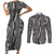 Hawaii Maile Lei Couples Matching Short Sleeve Bodycon Dress and Long Sleeve Button Shirt With Gray Monstera Pattern