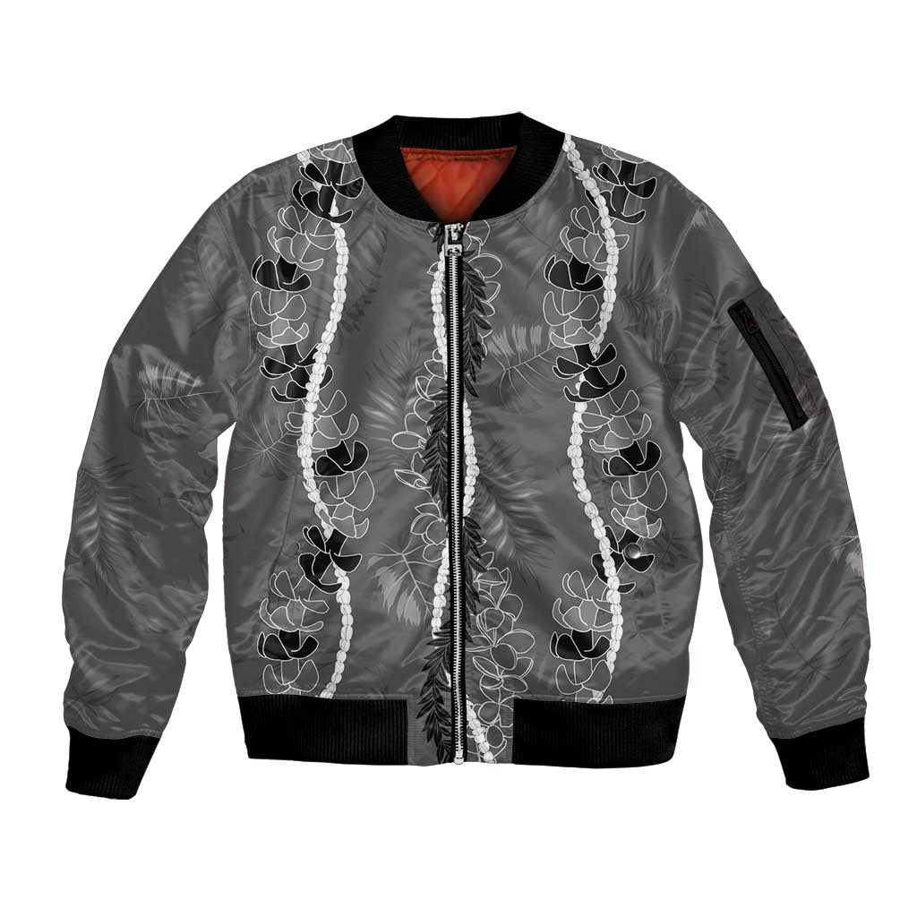 Hawaii Maile Lei Sleeve Zip Bomber Jacket With Gray Monstera Pattern LT05 Unisex Gray - Polynesian Pride