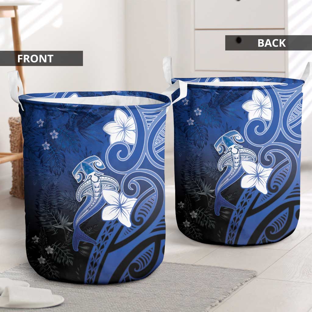 Polynesia Hammerhead Shark Laundry Basket Blue Tribal Pattern With Plumeria LT05 - Polynesian Pride