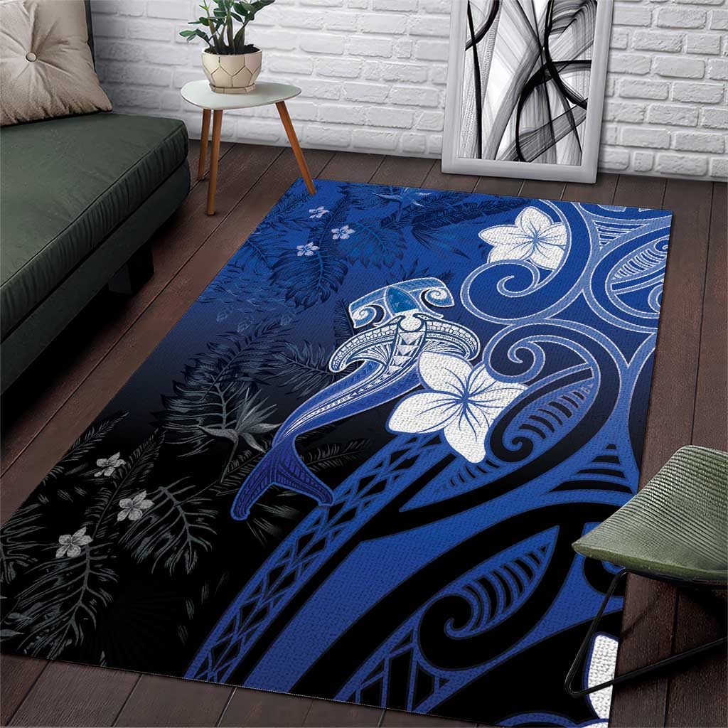 Polynesia Hammerhead Shark Area Rug Blue Tribal Pattern With Plumeria LT05 Blue - Polynesian Pride