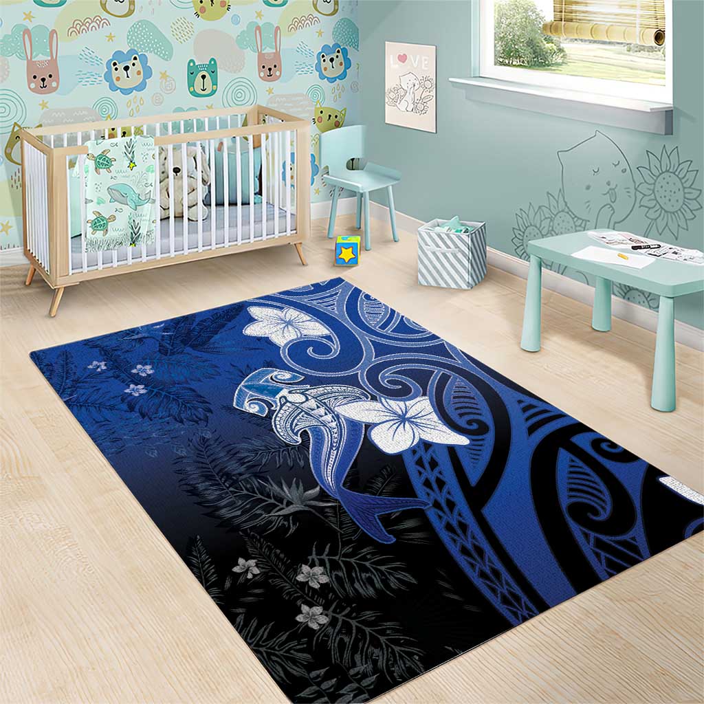 Polynesia Hammerhead Shark Area Rug Blue Tribal Pattern With Plumeria LT05 - Polynesian Pride