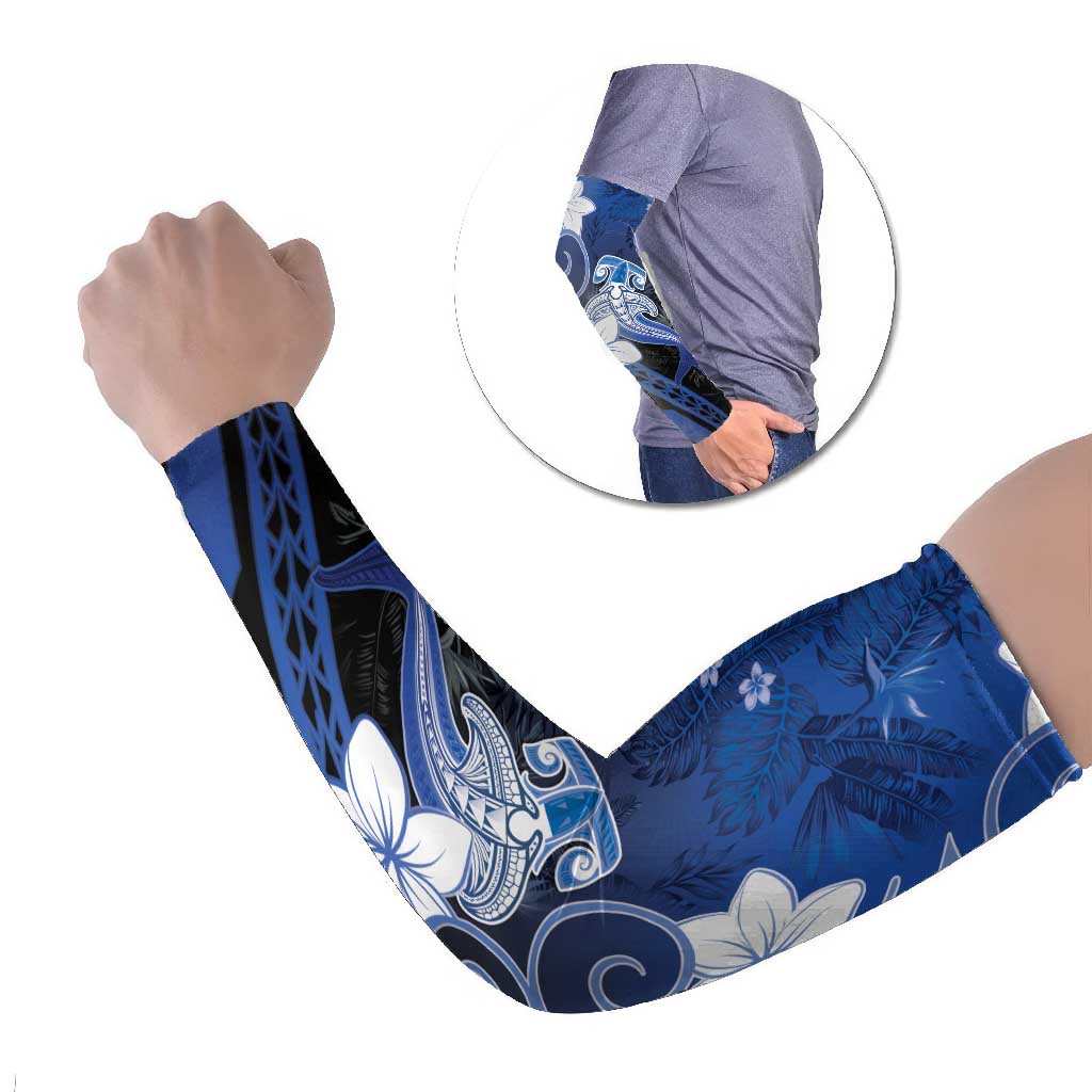 Polynesia Hammerhead Shark Arm Sleeves Blue Tribal Pattern With Plumeria LT05 Set of 2 Blue - Polynesian Pride