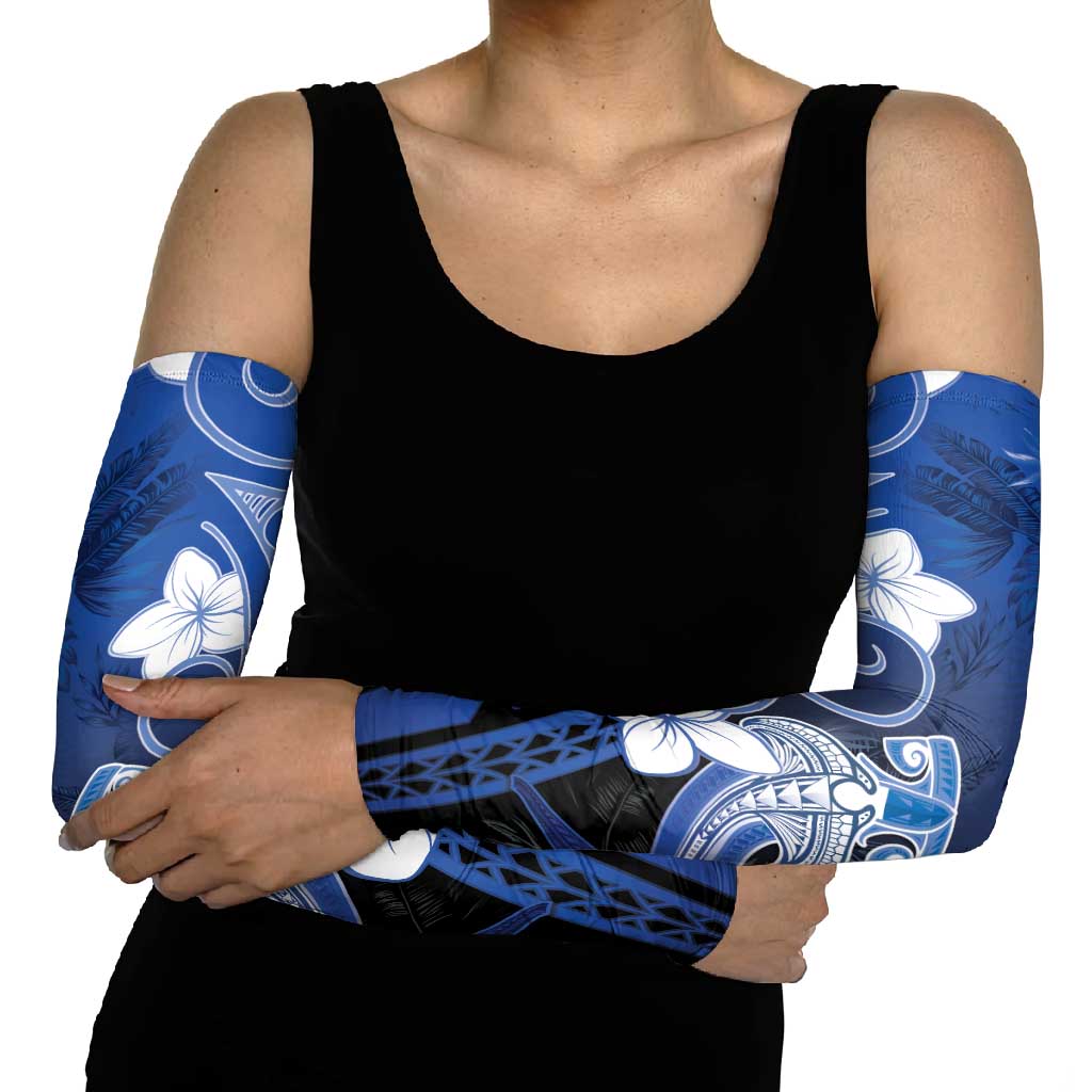 Polynesia Hammerhead Shark Arm Sleeves Blue Tribal Pattern With Plumeria LT05 - Polynesian Pride